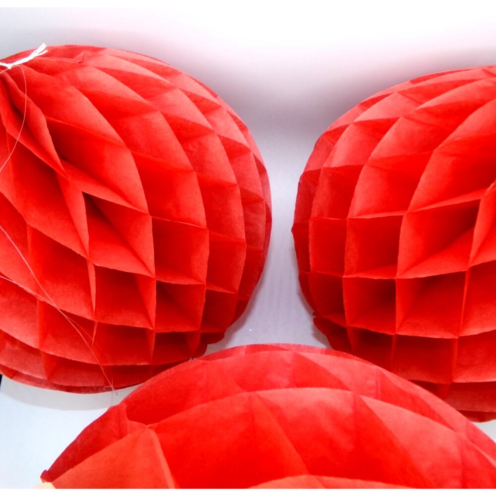 3 Vintage Large Valentine Christmas Red Red White Honeycomb Tissue Paper Balls - Picture 2 of 14
